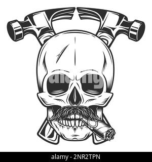 Skull smoking cigar or cigarette with mustache and builder crossed hammers from new construction and remodeling house business in monochrome vintage Stock Vector