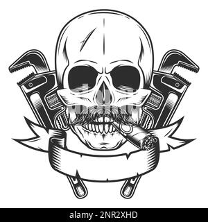 Skull smoking cigar or cigarette with mustache with construction wrench for gas and builder plumbing pipe or body shop mechanic spanner repair tool Stock Vector