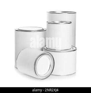 Closed blank cans of paint on white background Stock Photo - Alamy
