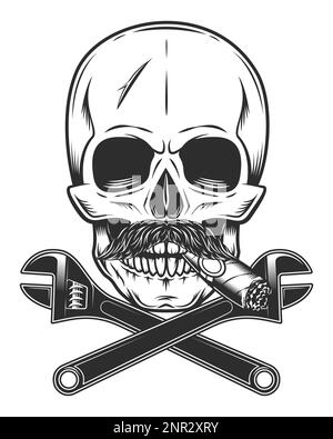 Skull with mustache smoking cigar or cigarette with construction wrench for gas and builder plumbing pipe or body shop mechanic spanner repair tool Stock Vector