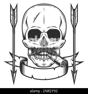 Skull smoking cigar or cigarette with mustache with vintage hunting arrow in monochrome style isolated vector illustration with design element Stock Vector