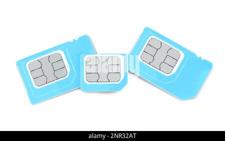 Light blue SIM cards on white background, top view Stock Photo