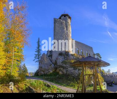 Araburg castle ruins with bell, Kaumberg, Lower Austria, Austria, Europe Stock Photo