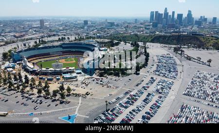 Los Angeles, United States. 28th Mar, 2023. A general overall aerial view  of the MLB Opening Week logo on the infield at Dodger Stadium, Tuesday,  Mar. 28, 2023, in Los Angeles. Photo