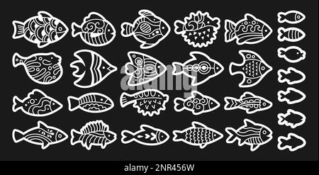 Fish with abstract tropical ornaments doodle set. Linear modern trendy exotic aquarium animal, nautical stylized cartoon illustration. Various contour ornamental freshwater, sea fishes vector element Stock Vector