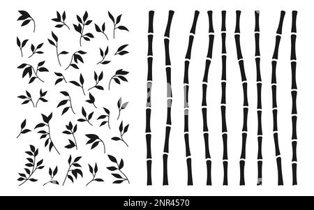 Bamboo stem and leaf silhouette set. Exotic decoration elements natural plant in engraving ink style. Hand drawing painted Asian traditional tree leaves, sticks bamboo ornament borders collection Stock Vector