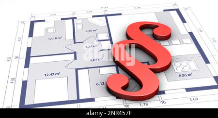 Paragraph sign lies on building drawing. Symbolic image on the subject of building law Stock Photo