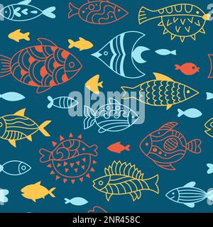 Fish abstract tropical ornaments doodle seamless pattern. Linear exotic aquarium animals, cartoon nautical boundless ornament. Endless decoration ornamental freshwater, sea fishes repeat wallpaper Stock Vector