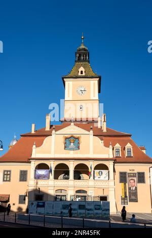 BRASOV, TRANSYLVANIA/ROMANIA - SEPTEMBER 20 : View of the old town hall in Brasov Transylvania Romania on September 20, 2018. Four unidentified people Stock Photo