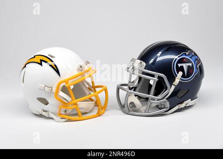 Detailed view of Los Angeles Chargers (left) and Los Angeles Rams helmets.  Photo via Credit: Newscom/Alamy Live News Stock Photo - Alamy