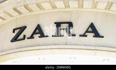 Hannover, Germany - May 7, 2018: Zara logo sign on facade of local shop of Spanish fast fashion retail chain company Stock Photo
