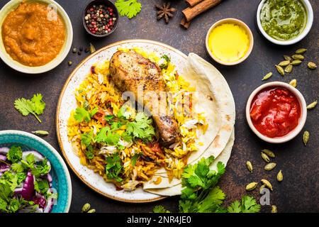 Close-up of assorted traditional Indian dishes, top view of biryani chicken with basmati rice, naan bread, different appetizers, dips, chutney, rustic Stock Photo