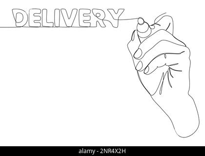 One continuous line of Delivery text written with a pencil, felt tip pen. Thin Line Illustration vector concept. Contour Drawing Creative ideas. Stock Vector