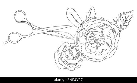 One continuous line of scissor with rose flowers. Thin Line Illustration vector concept. Contour Drawing Creative ideas. Stock Vector