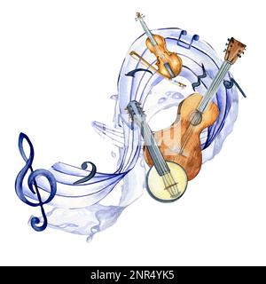Treble clef, notes and banjo watercolor illustration on white. String musical instruments, guitar, violin hand drawn. Design for party flyer, concert Stock Photo