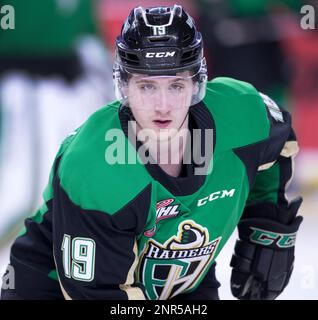 Prince Albert Raiders player Ozzy Wiesblatt, lt, collides with Calgary  Hitmen (wearing Calgary Wranglers retro jerseys) player Sean Tschigeri  during WHL (Western Hockey League) hockey action in Calgary, Alta., on  Friday, Feb.