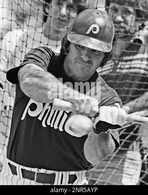 Wearing a Philadelphia Phillies uniform, Pete Rose in the batting