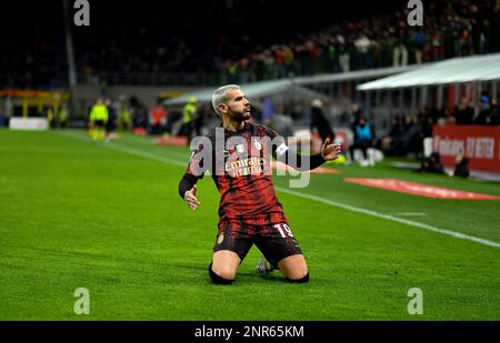 Milan, Italy. 26th Feb, 2023. AC Milan's Theo Hernandez celebrates after  Atalanta's goalkeeper Juan Musso scoring an own goal during a Serie A  football match between AC Milan and Atalanta in Milan