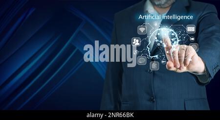 AI, Artificial Intelligence in smartphone. Chat bot interface, Futuristic technology robot in online Stock Photo