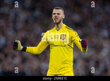 London, UK. 27th Feb, 2023. Manchester United's goalkeeper David de Gea celebrates his side's opening goal during the Football League Cup Final match between Manchester United and Newcastle United in London, Britain, on Feb. 26, 2023. Credit: Xinhua/Alamy Live News Stock Photo
