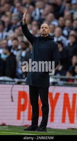 London, UK. 27th Feb, 2023. Manchester United's manager Erik ten Hag reacts during the Football League Cup Final match between Manchester United and Newcastle United in London, Britain, on Feb. 26, 2023. Credit: Xinhua/Alamy Live News Stock Photo