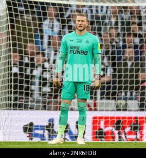 London, UK. 27th Feb, 2023. Newcastle United's goalkeeper Loris Karius reacts during the Football League Cup Final match between Manchester United and Newcastle United in London, Britain, on Feb. 26, 2023. Credit: Xinhua/Alamy Live News