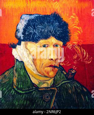Vincent van Gogh self portrait with bandaged ear and pipe, 1889. Stock Photo
