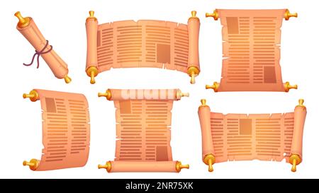 Ancient parchment torah scroll set cartoon vector illustration. Isolated old papyrus gold roll on white background. Vintage jewish manuscript page. Antique historical document design. Stock Vector
