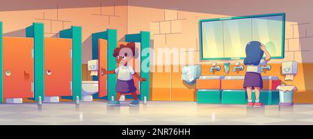 Happy schoolgirls using school toilet. Vector illustration of contemporary cartoon characters looking in mirror above sink, going to wc cubicle. Hygiene soap and hand dryer on wall, waste bin on floor Stock Vector