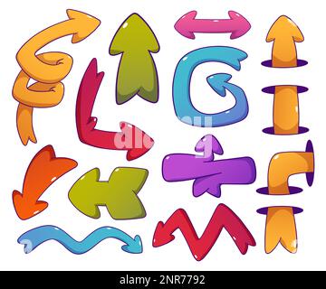 Cartoon quirky arrow illustration vector set. Isolated retro comic spiral shape pointer for app ui design. Bright playful game png clipart collection. Colorful turn or direction infographic symbol. Stock Vector