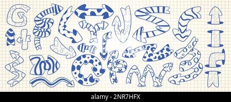 Doodle set of blue quirky arrows on grid paper background. Vector illustration of spiral, round, twisted pointers with abstract striped, dotted, flower, spotted patterns. Sketch on notebook page Stock Vector