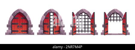 Medieval castle gates open animation cartoon vector asset. Set of old wooden gate entrance to dungeon with stone arch. Fantasy game portal. Heavy isolated entry to fortification on white background Stock Vector