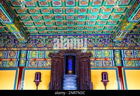 Ornate Interior Emperor Hall Temple of Heaven Beijing China Inside Prayer Tablets Built in 1400s in MIng Dynasty. Where Emperor prayed to heaven for a Stock Photo