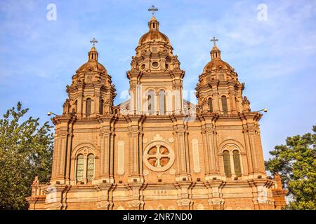 St. Joseph Wangfujing Cathedral, Basilica Facade Church Beijing China.  Very famous Catholic Church built in 1655 and in Boxer Rebellion Stock Photo