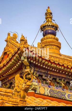 Roofs Figures Decorations Steeple Yonghe Gong Buddhist Lama Temple Beijing China Built in 1694, Yonghe Gong is the largest Buddhist Temple in Beijing. Stock Photo
