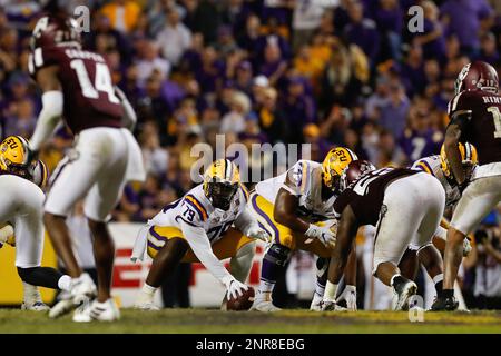 LSU center Lloyd Cushenberry III (79) and offensive tackle Saahdiq Charles  (77) celebrate a touchdown in the first half of an NCAA college football  game against Texas A&M in Baton Rouge, La.