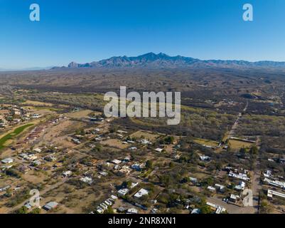 Santa Rita Mountains aerial view including Mount Hopkins and Mount Wrightson from town of Tubac in Santa Cruz County in Arizona AZ, USA. Stock Photo