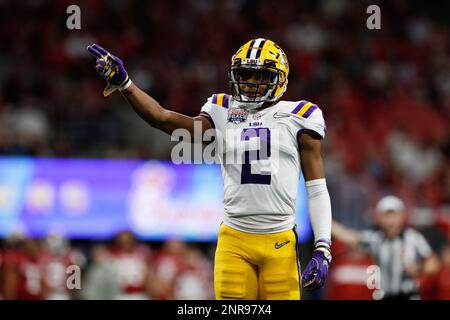 December 28, 2019: LSU Tigers wide receiver Justin Jefferson (2) celebrates  after winning the 52nd Chick-fil-a Peach Bowl at Mercedes-Benz Stadium in  Atlanta, GA. (Scott Kinser/Cal Sport Media/Sipa USA)(Credit Image: ©  Scott