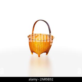 Empty wicker basket isolated on white background with reflection, Product of Thailand. Stock Photo