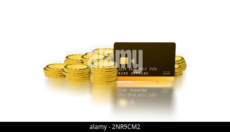 Credit card and gold coins stack isolated on white background with reflection, Business and finance concept, 3D illustration. Stock Photo