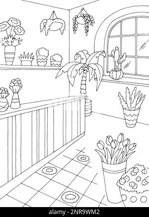 Flower shop interior graphic black white vertical sketch illustration vector Stock Vector