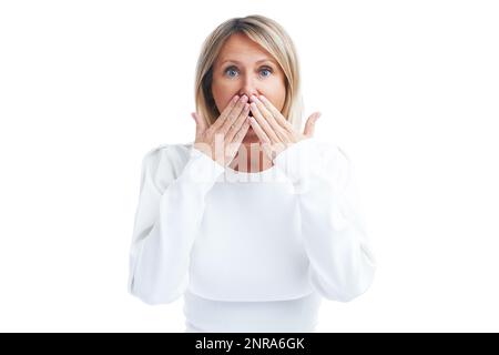Picture of suprised blonde woman isolated over white background Stock Photo