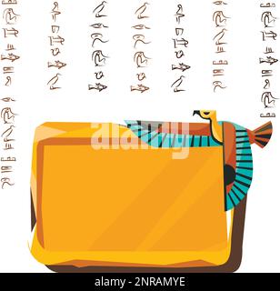 Stone board or clay tablet with flying bird and Egyptian hieroglyphs cartoon vector illustration Ancient object for recording storing information, graphical user interface for game design on white Stock Vector