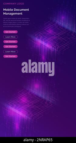 Big data waterfall or cascade, digital binary code data flow analysis visualization, isometric vector illustration. Ultraviolet vertical banner with streams of numbers, landing page template. Stock Vector