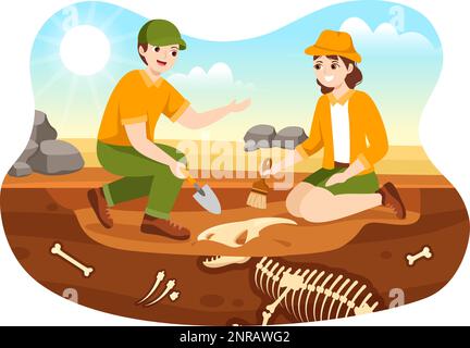 Fossil Illustration with Archaeologists Finds Dinosaurs Skeletons on Excavations or Digging Soil Layers in Flat Cartoon Hand Drawn Templates Stock Vector