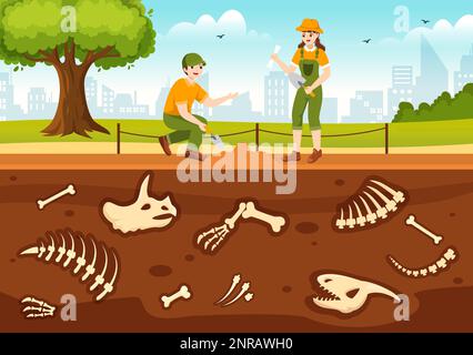 Fossil Illustration with Archaeologists Finds Dinosaurs Skeletons on Excavations or Digging Soil Layers in Flat Cartoon Hand Drawn Templates Stock Vector