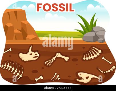 Fossil Illustration with Archaeologists Finds Dinosaurs Skeletons on Excavations or Digging Soil Layers in Flat Cartoon Hand Drawn Templates Stock Vector