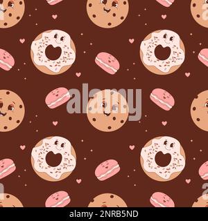Seamless pattern with cute pastry. Cartoon sweet characters on brown background. Vector Illustration for wallpaper, design, textile, packaging, decor, Stock Vector