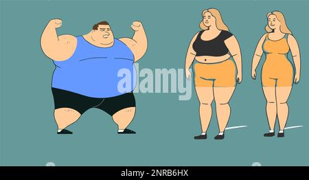 fat man posing in front of two fat women showing off his strength Stock Vector