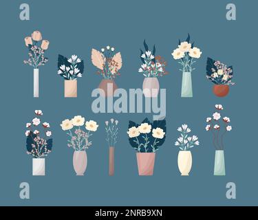 A large set of flowers in boho style vases. Composition of flowers vector illustration. Bouquets of tricots, cotton, various decorative leaves and Stock Vector